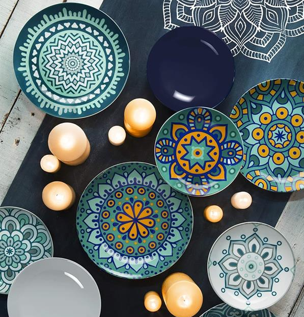 Mandala Mediterraneo Dinner Set 18 Pcs, Porcelain & Ceramic Plates, Blue Pattern