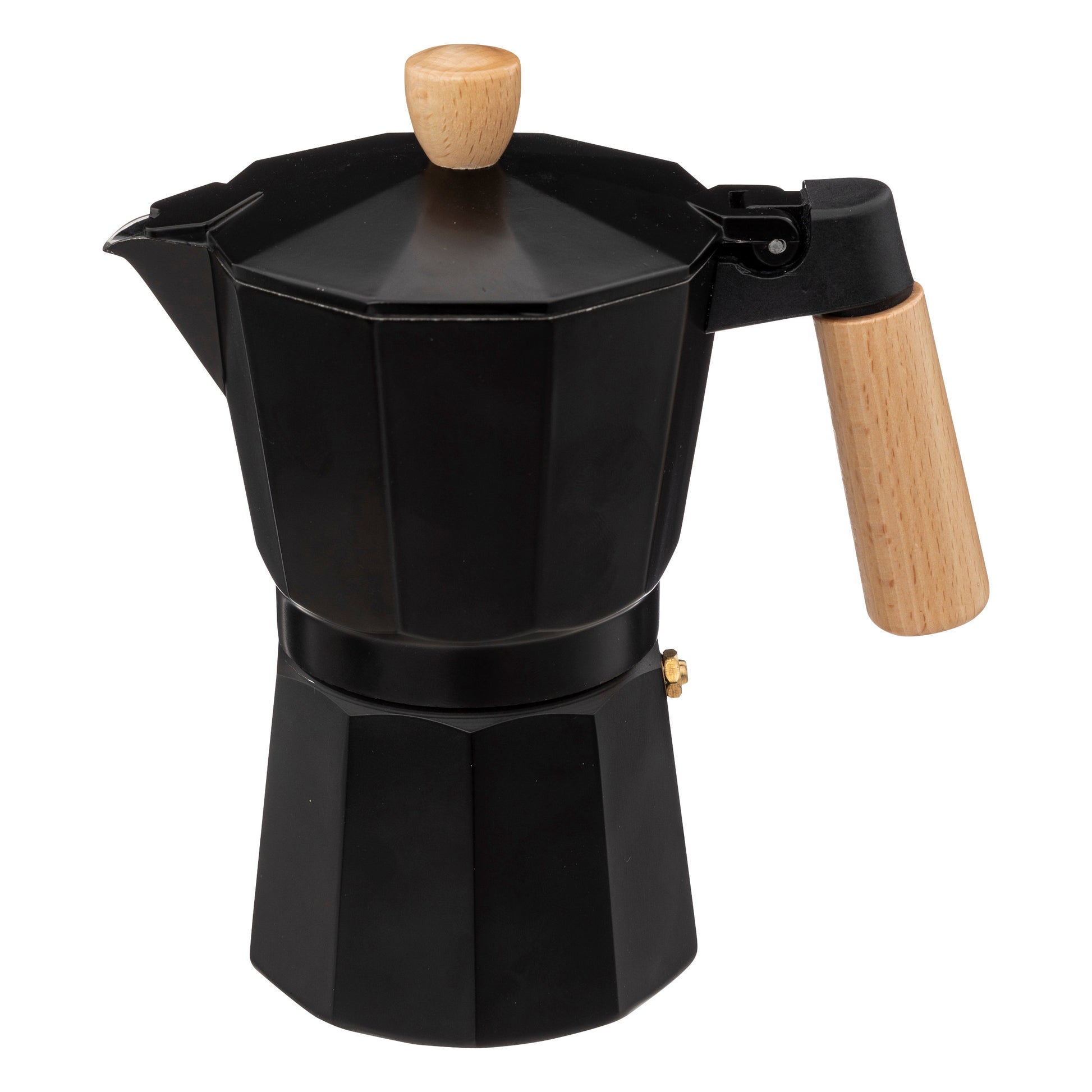Black 6-Cup Mocha Pot with Wooden Handle - Aluminum Stovetop