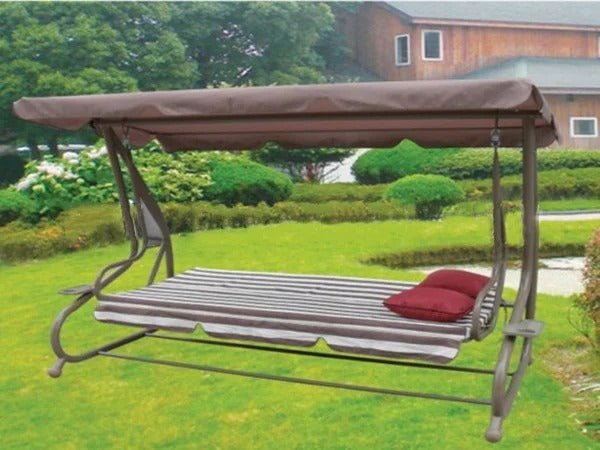 Metal Swing 3 Seaters Folding Bed Outdoor Brown Canopy Stripe Beige Brown