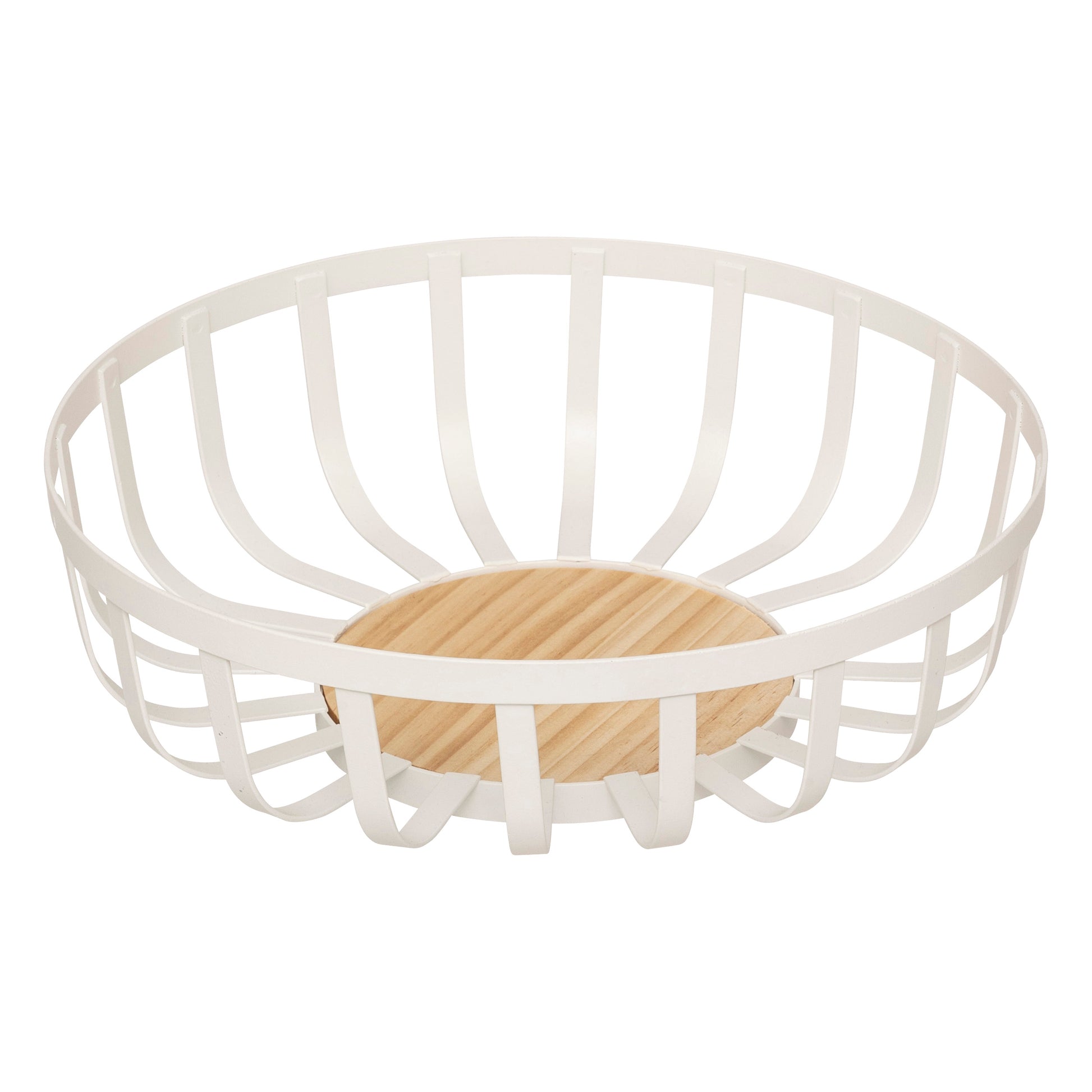 Metal fruit basket - White Steel Bowl with Wooden Base, D28 x H9 cm