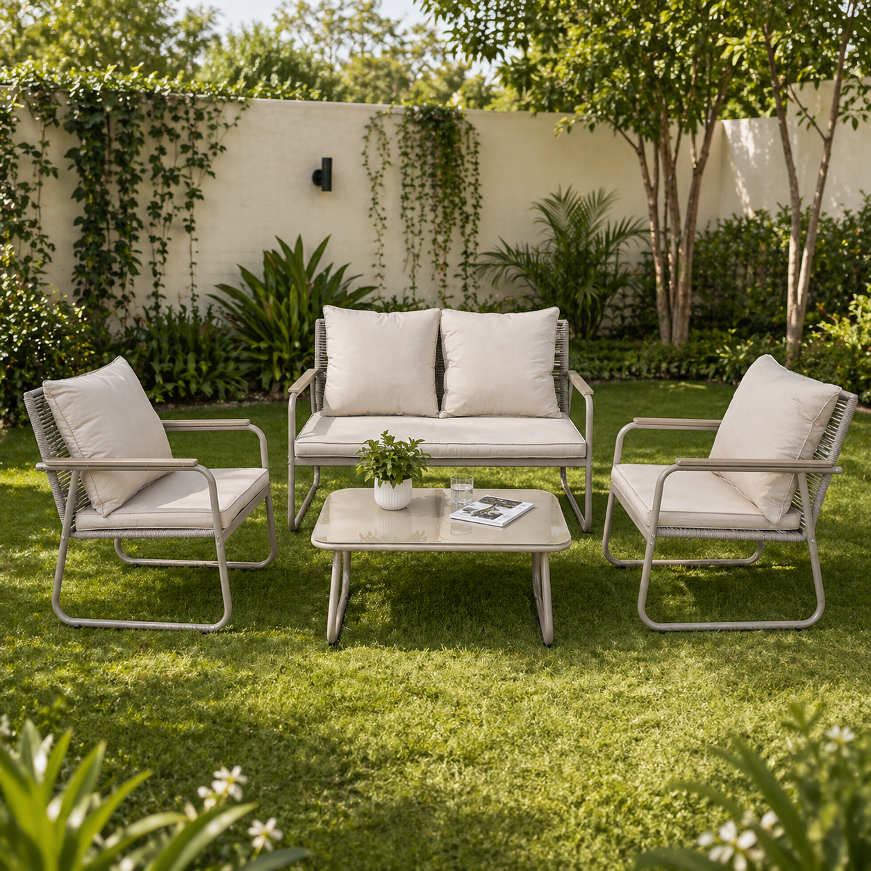 Steel Lounge Set with Glass & Polywood Details