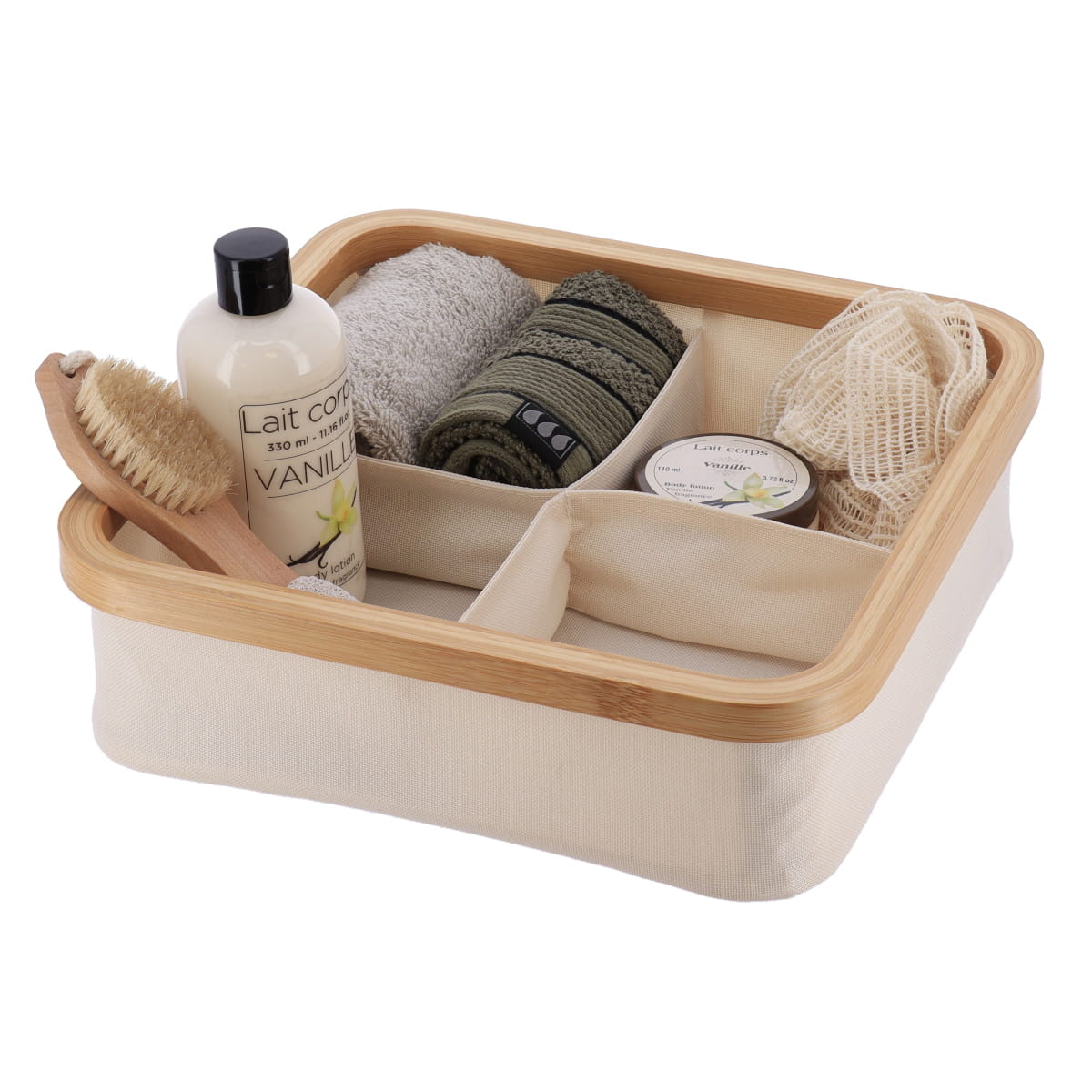 Foldable Square Storage Basket with 4 Compartments, Bamboo Trim, Polyester