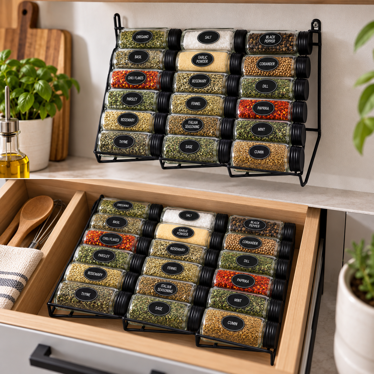 18-Piece Glass Spice Jar Set with Metal Rack & Labels