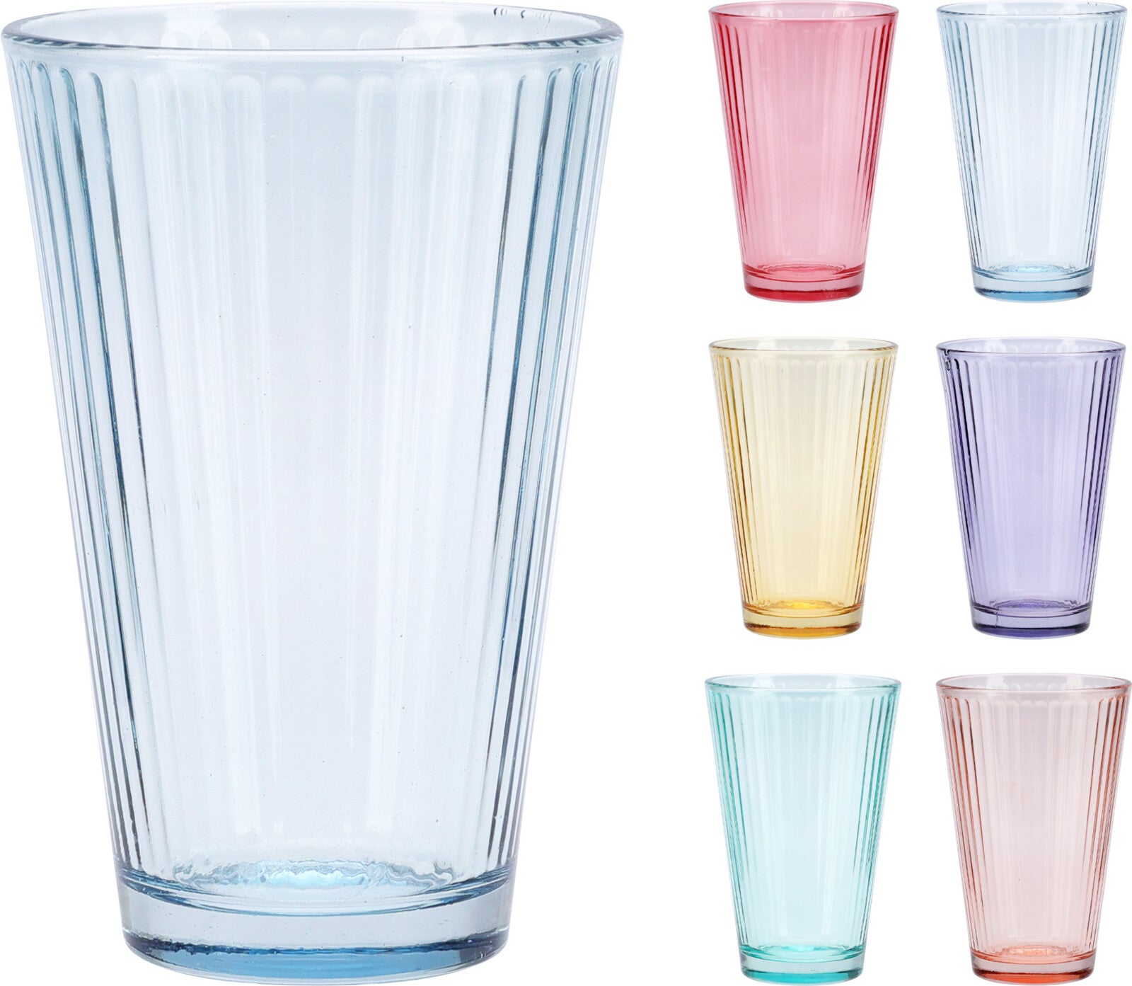 6-Piece Multicolor Glass Tumbler Set 300 ml - Ribbed Vertical Design