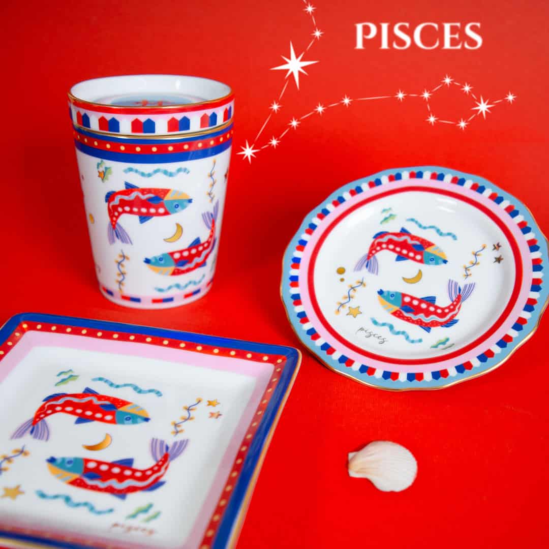 Cup with Lid/Saucer Pisces Porcelain Zodiac Tea & Coffee Cup Ø9 H12cm