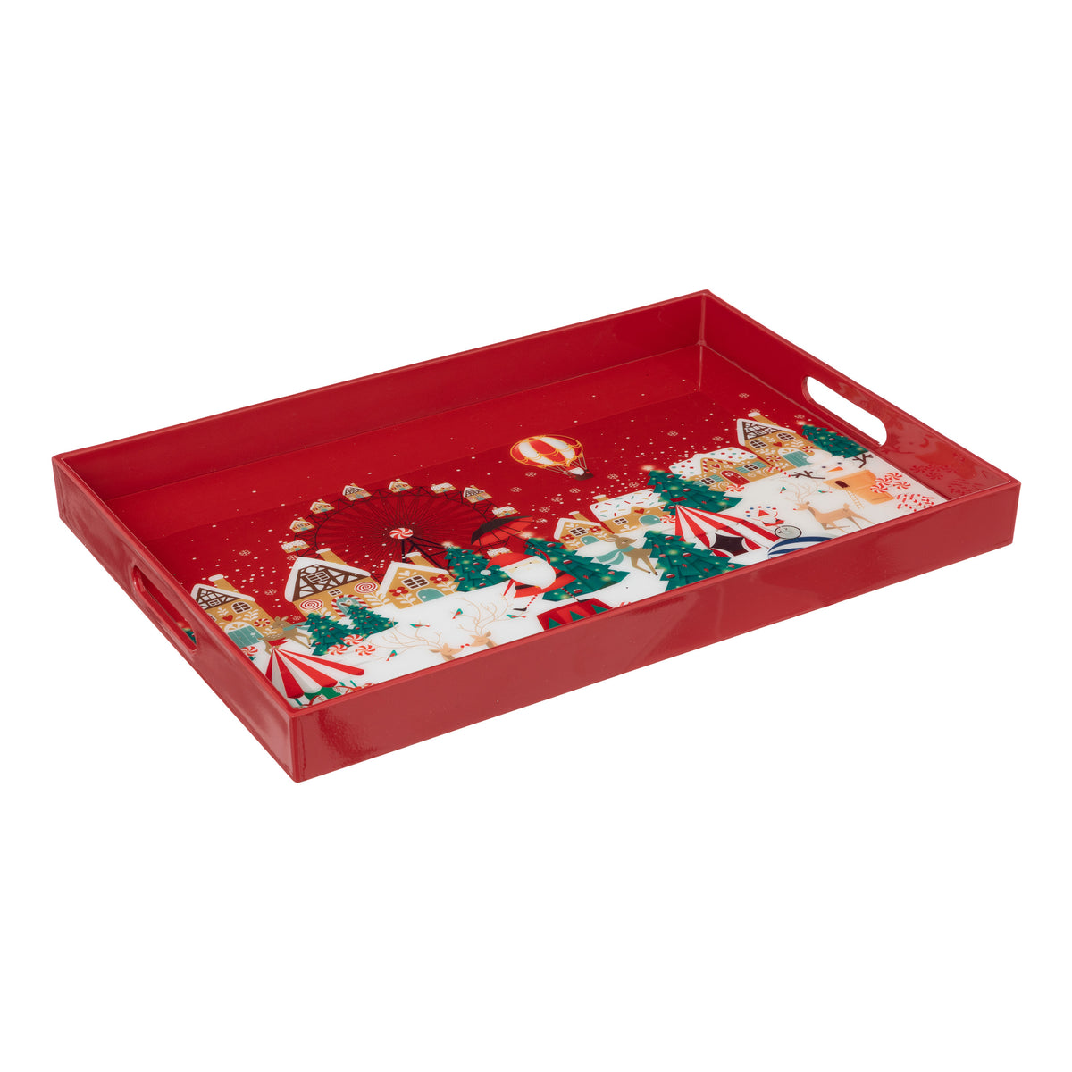 Printed Tray Red - Rectangular Christmas Serving Tray with Handles