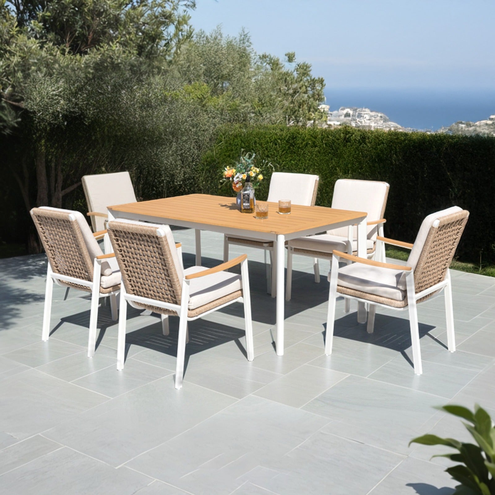 Reisling Dining Set Outdoor Aluminum Table With 6 Chairs Resin Wood Effect