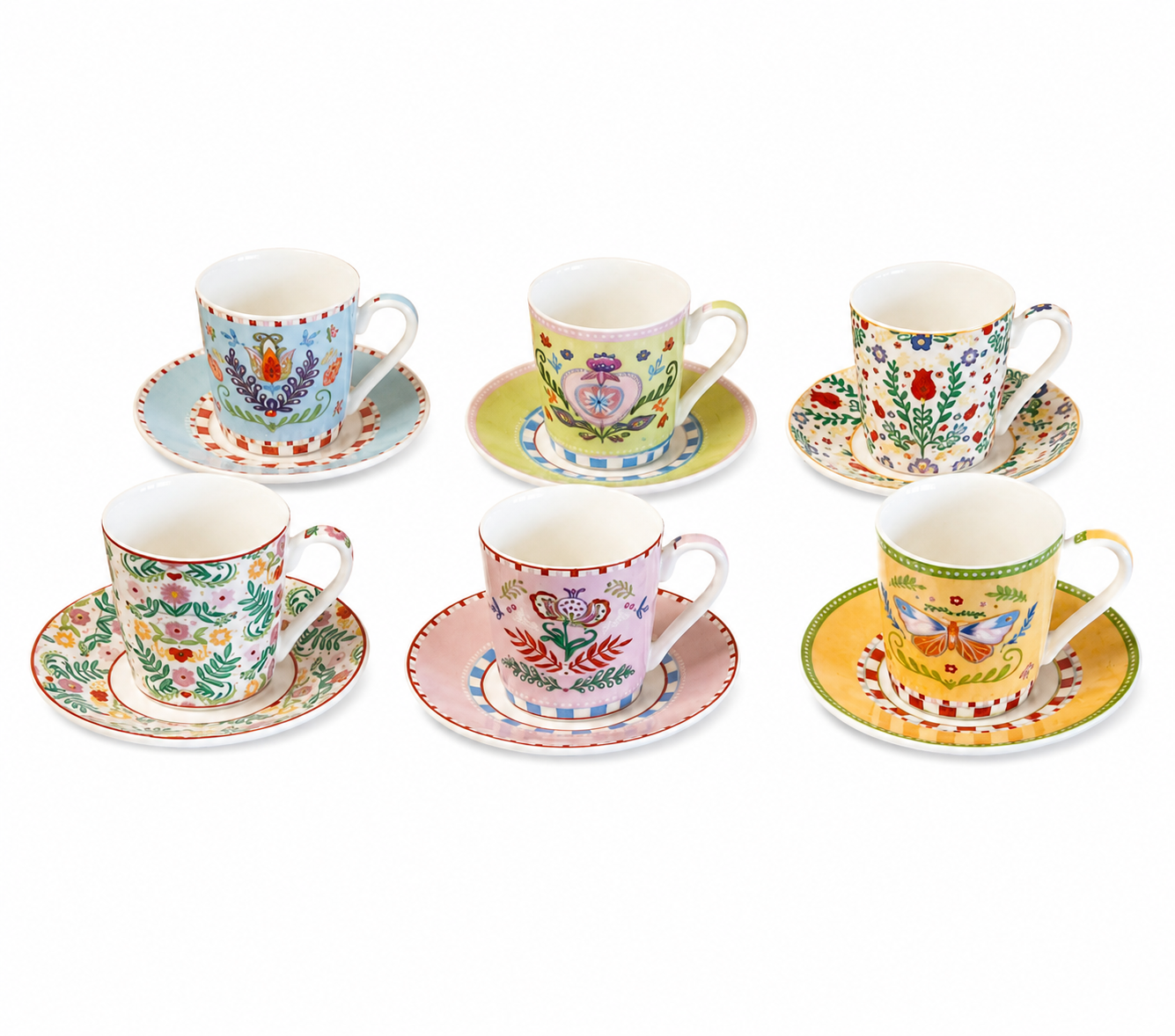 Set of 6 Coffee Cups & Saucers “Spring Folk” – 100 ml
