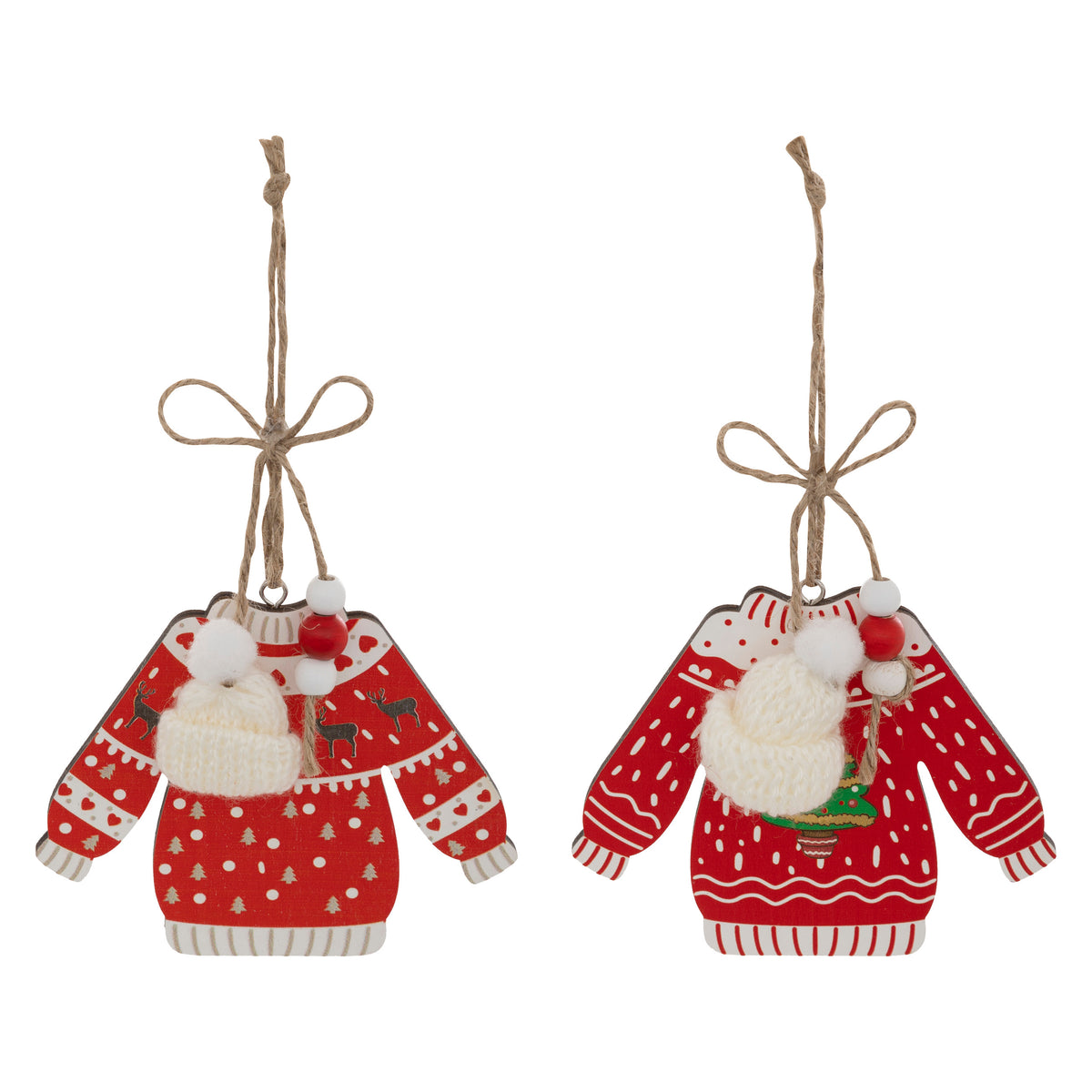 Set of 2 Wooden Christmas Sweater Figures, 12 cm Red Ornaments