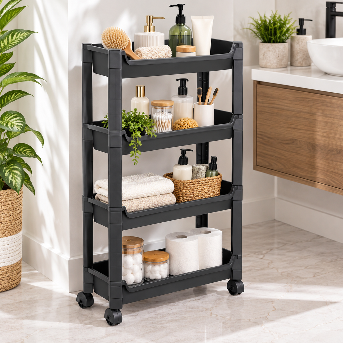 4-Tier Narrow Shelf Unit with Wheels – Black