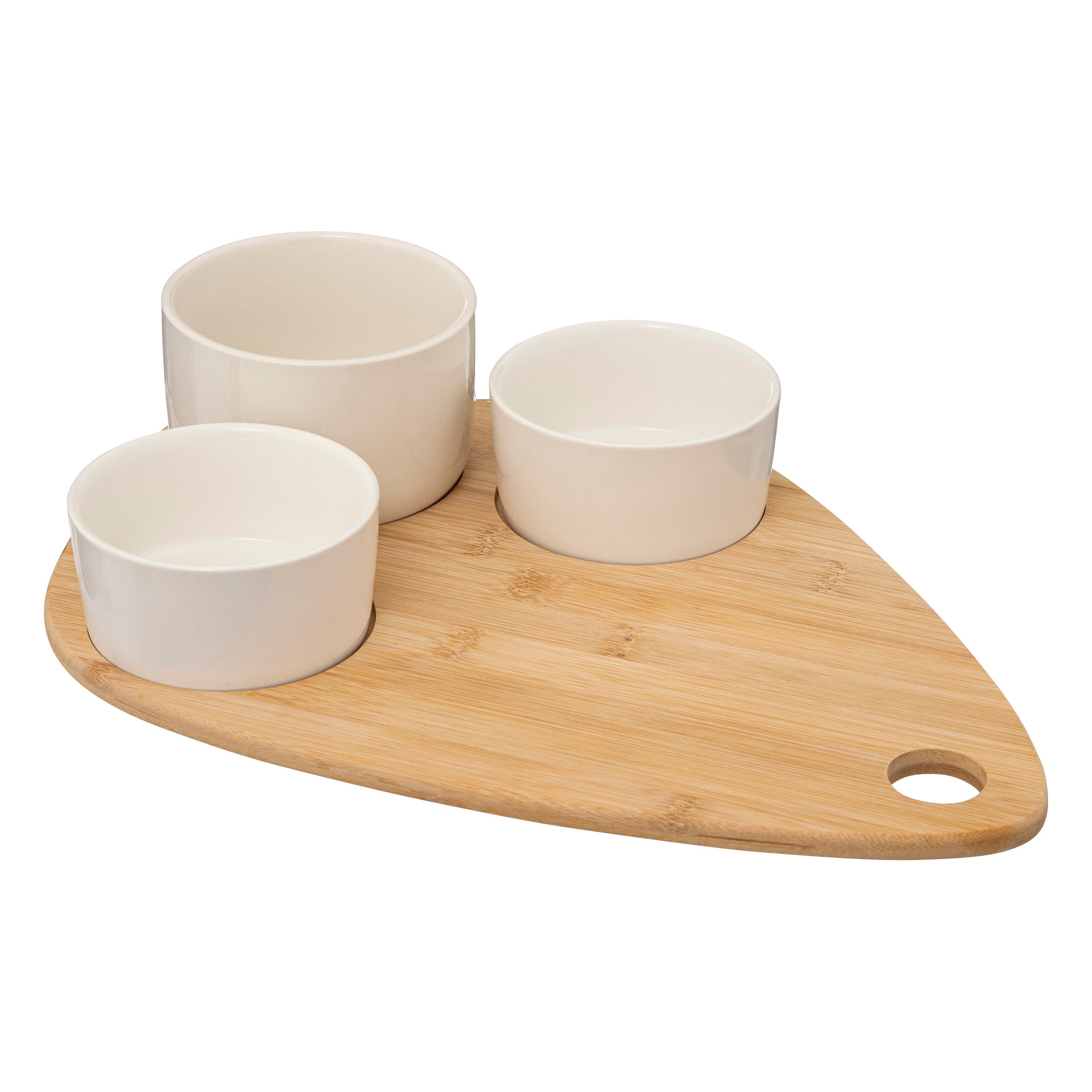 4-Piece White Bamboo Snack Set with 3 Stoneware Bowls