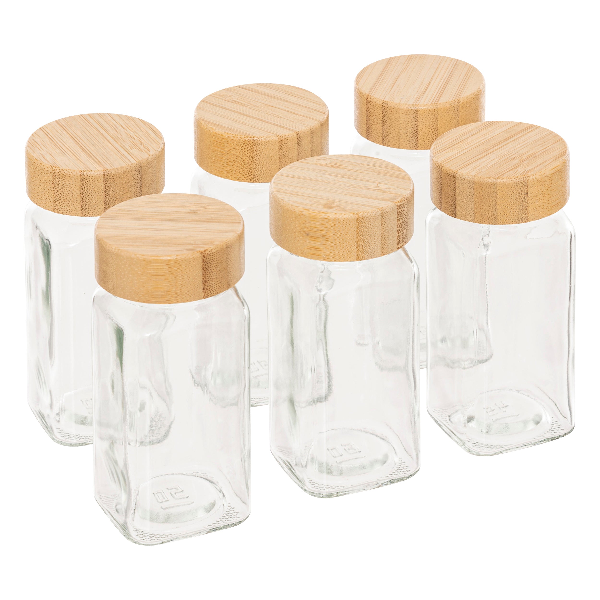 Set of 6 Spice Jars Glass with Bamboo Lid - 120 ml Each, Writable Labels