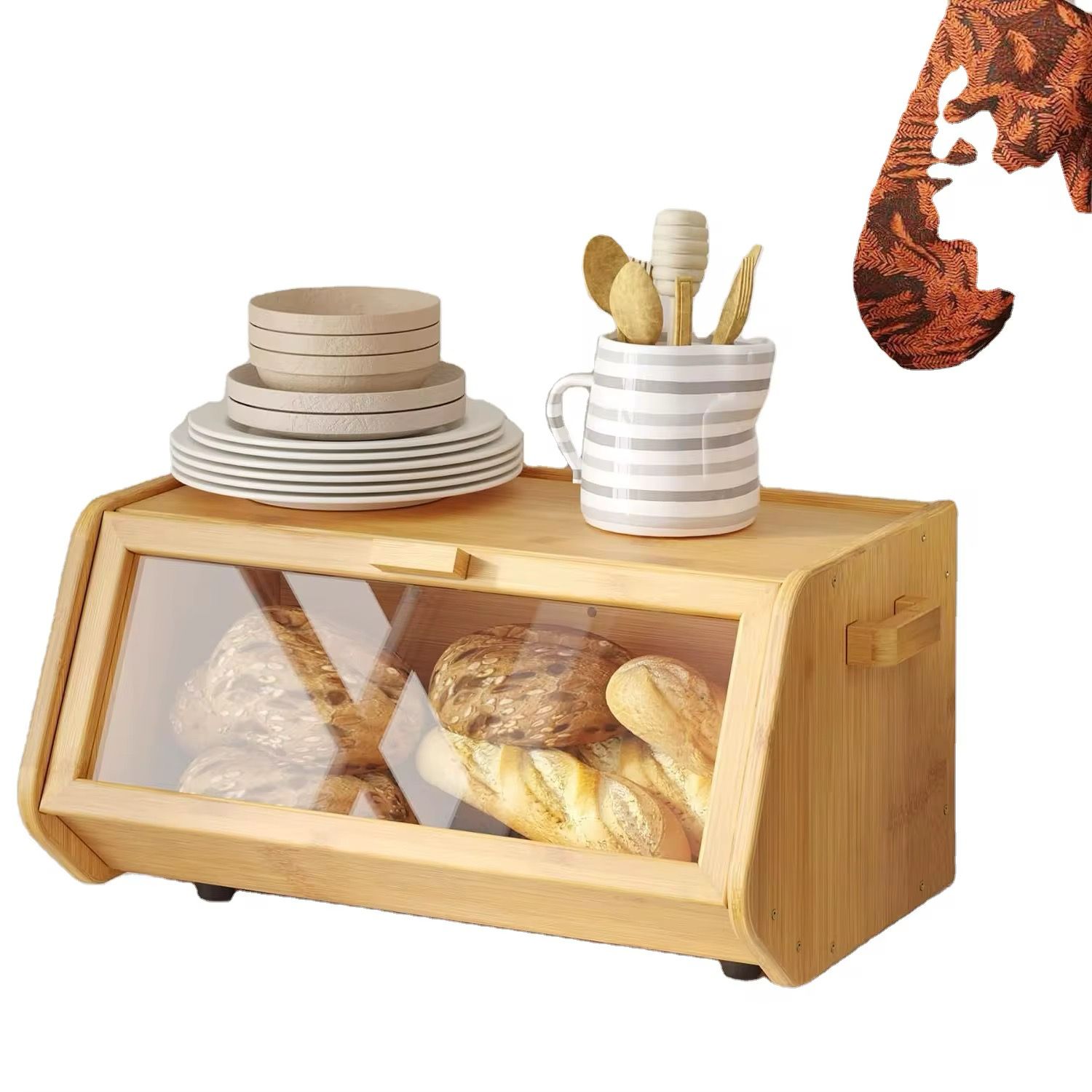 Bread Wooden Box Bamboo Kitchen Storage with Ventilated Lid