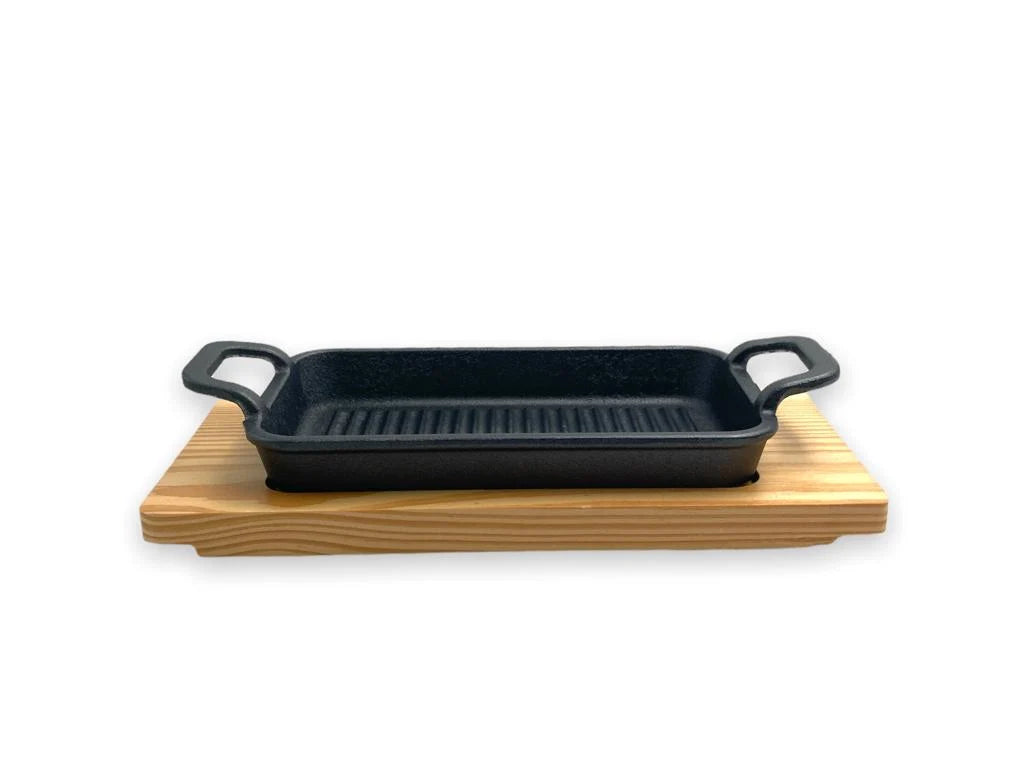 Cast Iron Rectangular Sizzling Platter with Wooden Base – 21 cm