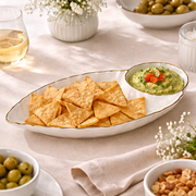 Chip and Dip Plate Porcelain Gold-Trimmed with Built-In Dip 38x20x7.5 cm