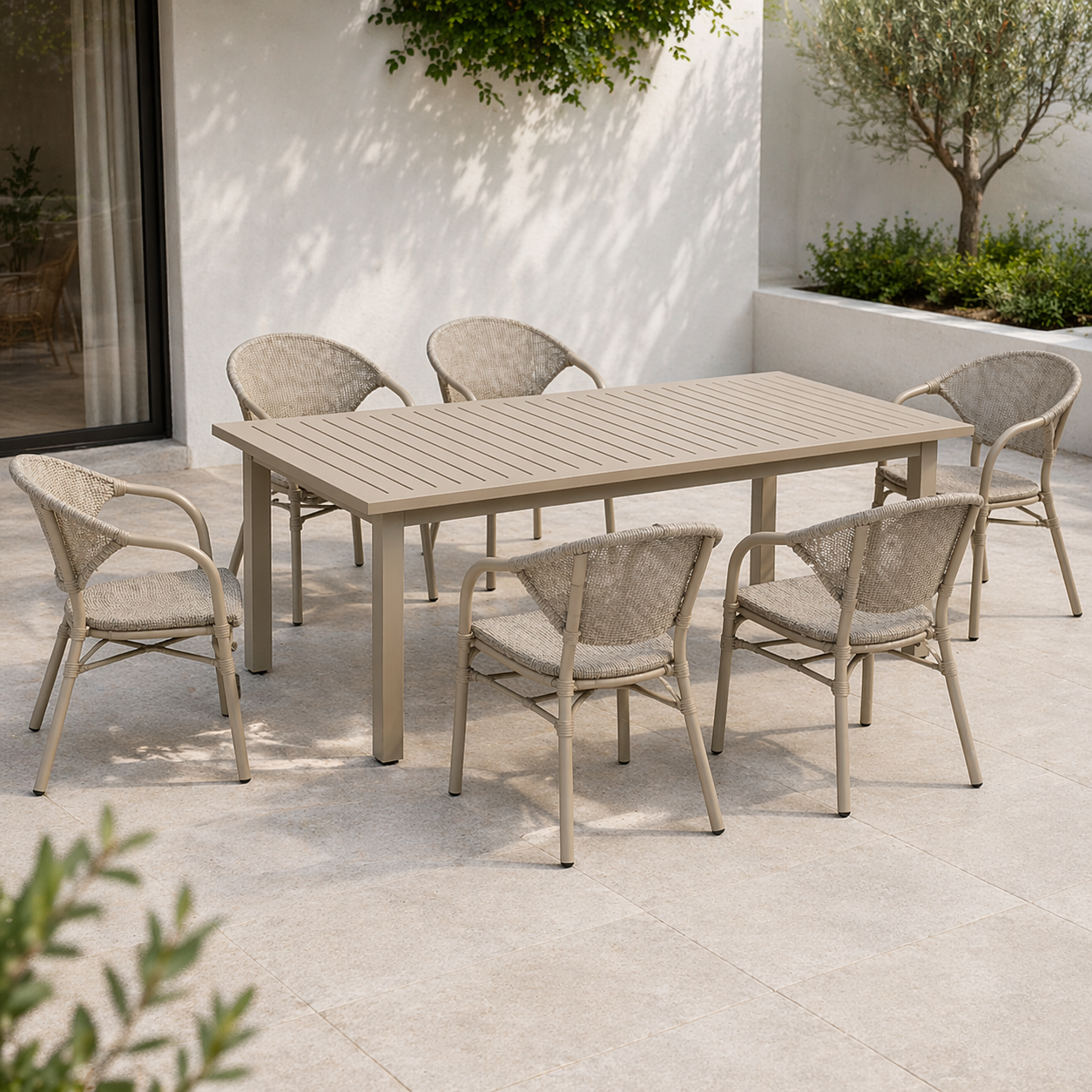 7-Piece Outdoor Dining Set Aluminum Extendable Table and Woven Chairs