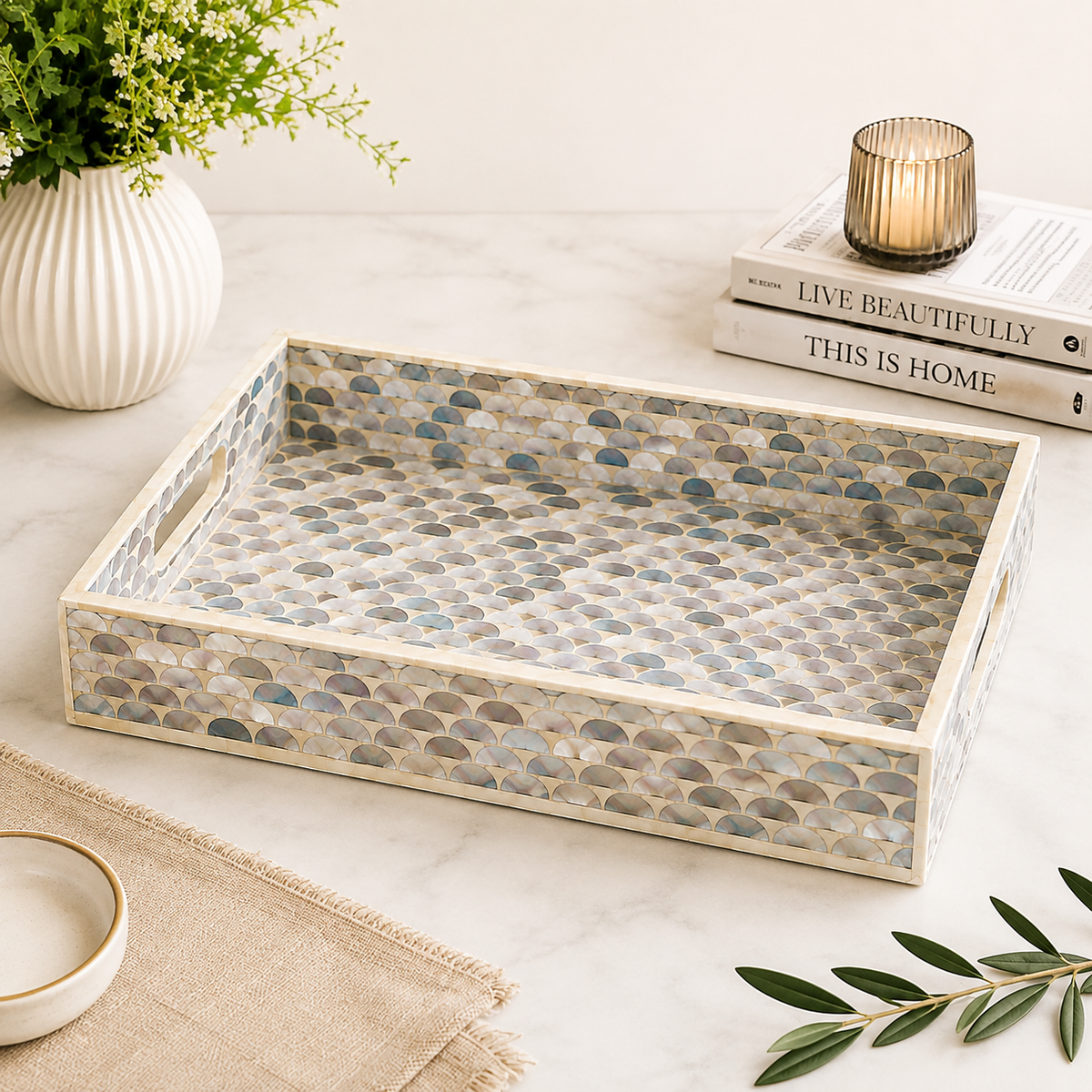 Blue MOP Tray with Half Sphere Design