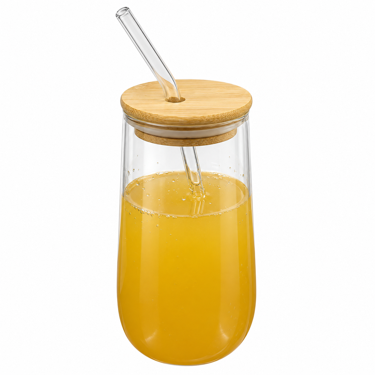 Clear Glass Drinking Cup with Bamboo Lid & Glass Straw – 550 ml
