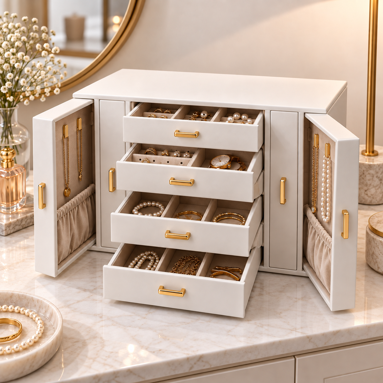 Leather Jewelry Box with Drawers – 33 × 22 cm