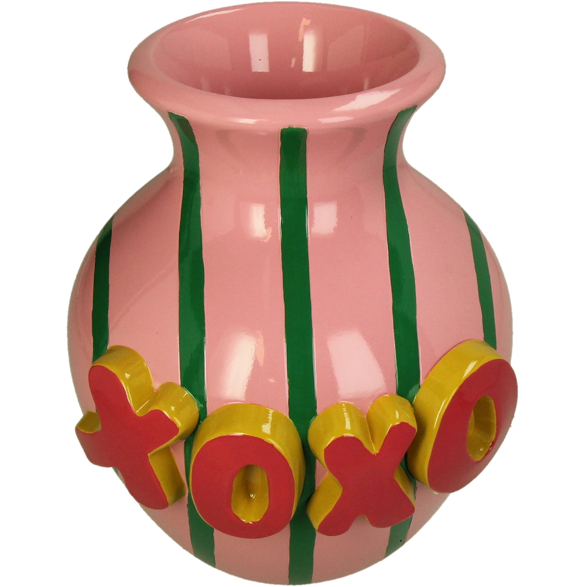 XOXO Polyresin Vase Pink with Green Stripes 18 x 19 x 22 cm
