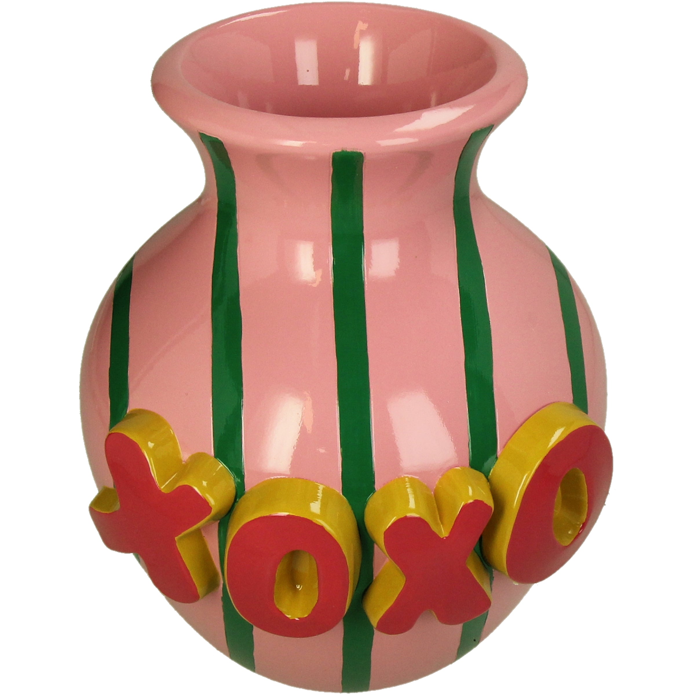 XOXO Polyresin Vase Pink with Green Stripes 18 x 19 x 22 cm