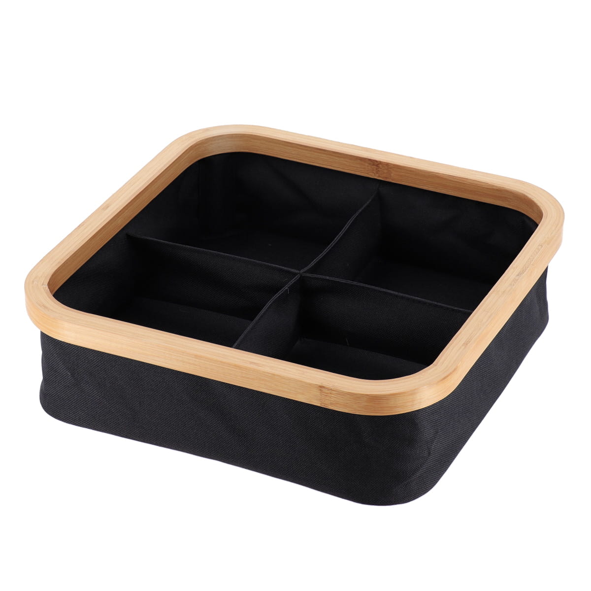 Foldable Square Storage Basket with 4 Compartments, Bamboo Trim, Polyester