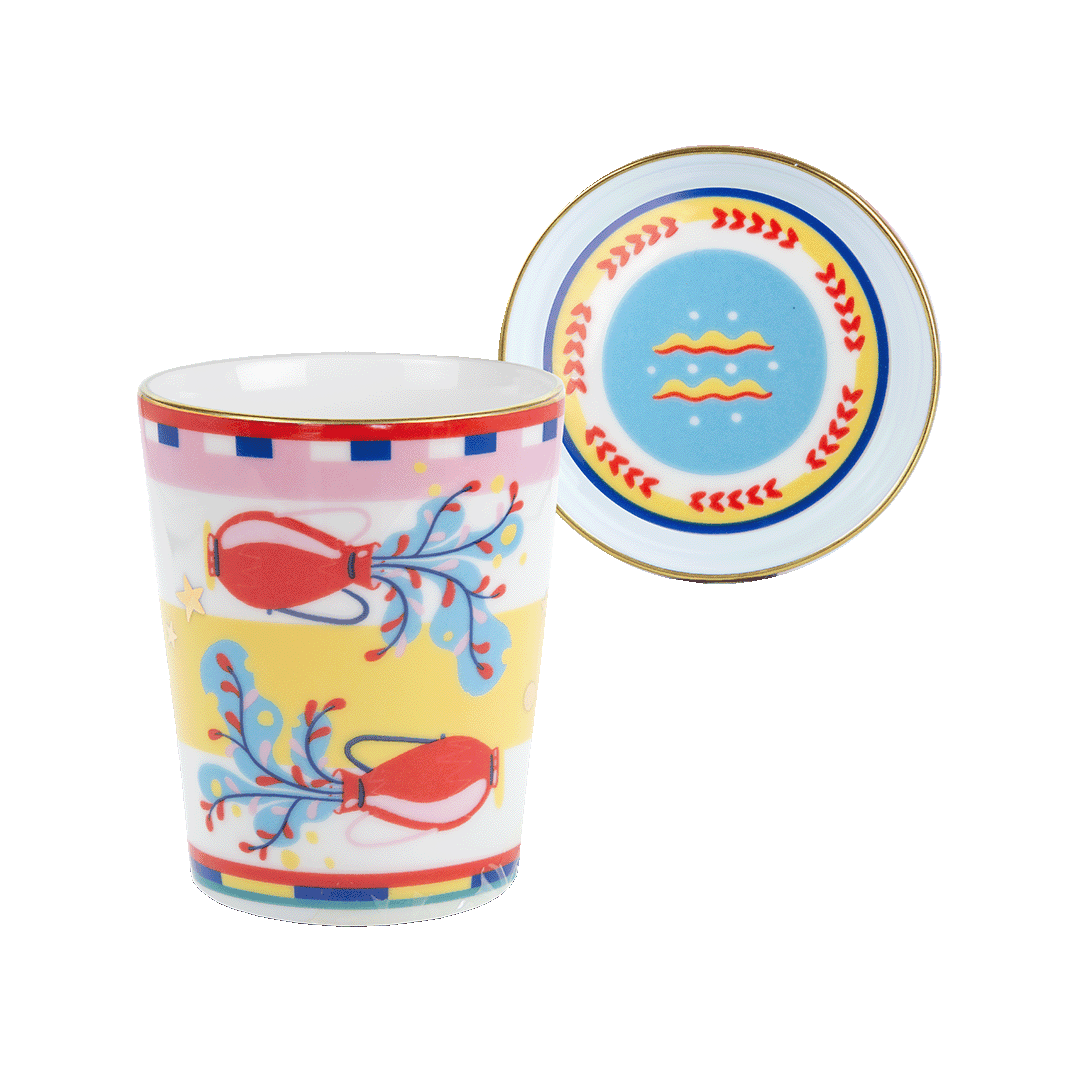 CUP WITH LID/SAUCER AQUARIUS Porcelain Zodiac Coffee Cup & Saucer