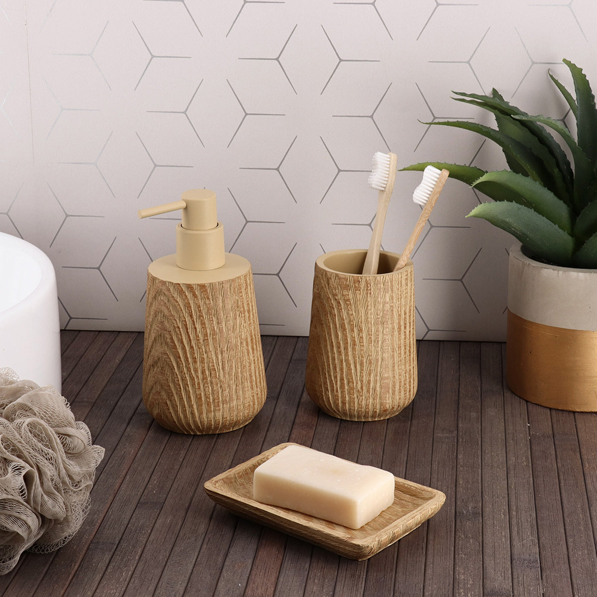 Soap Dispenser Wood Effect Japandi Polyresin Bathroom Accessory