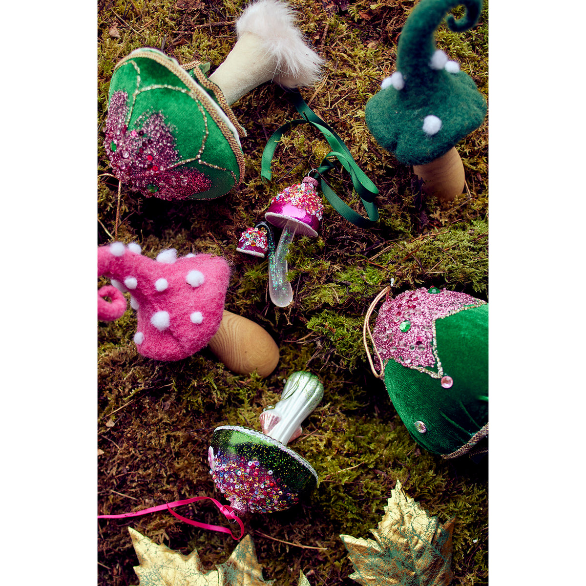 Mushroom Glass Glitter, Beads, W Spangles - Green Pink Sequin Ornament