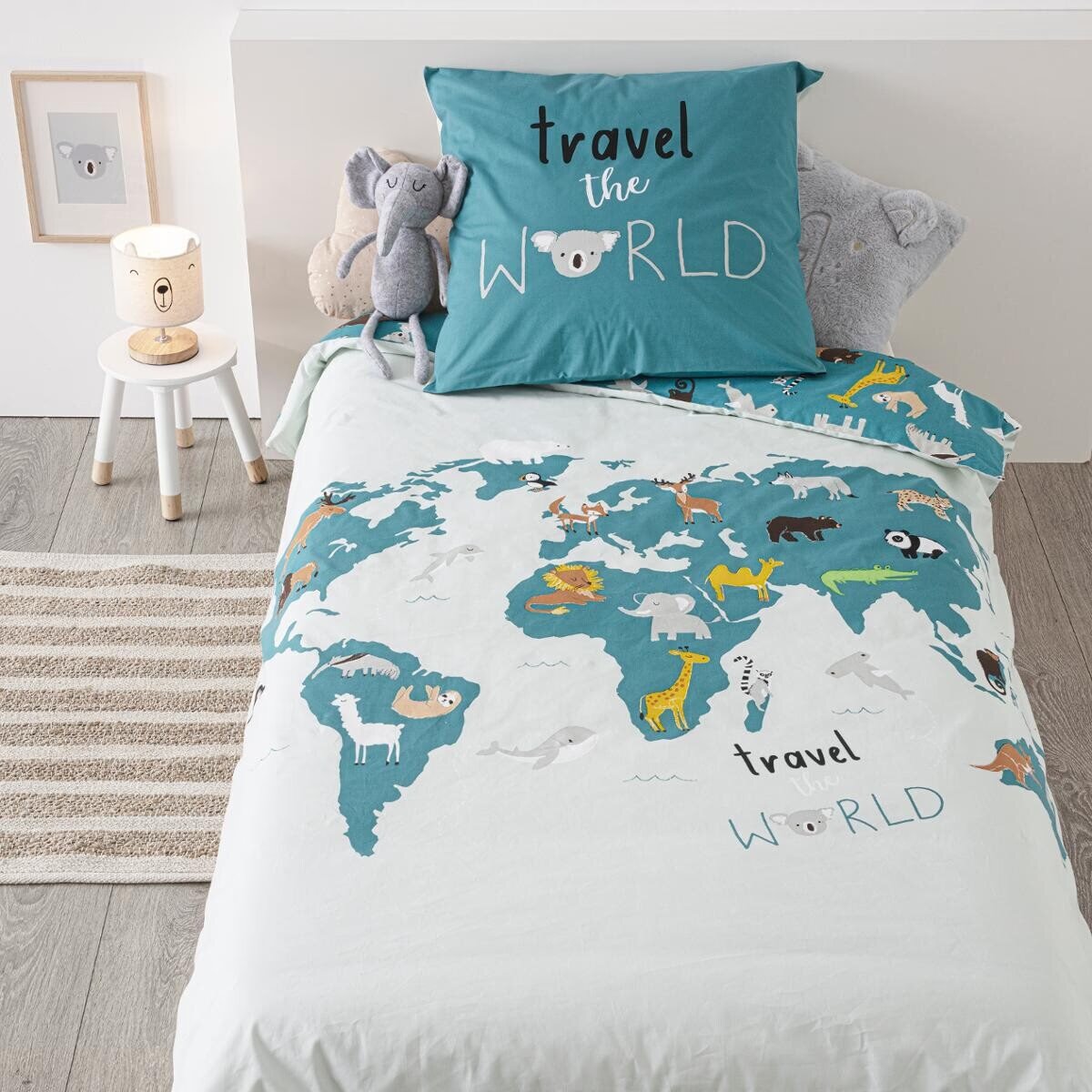 World Map Print Bed Linen Set - Blue, 1 Person