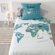World Map Print Bed Linen Set - Blue, 1 Person