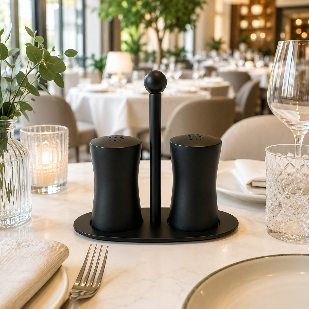 Stainless Steel Salt and Pepper Set on Stand – Black & Silver