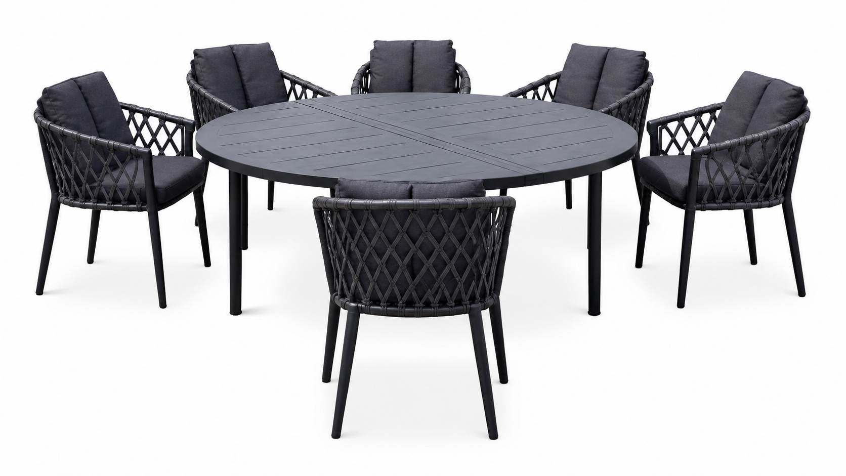 Modern Aluminum Outdoor Dining Set – Round Table with 6 Woven Chairs