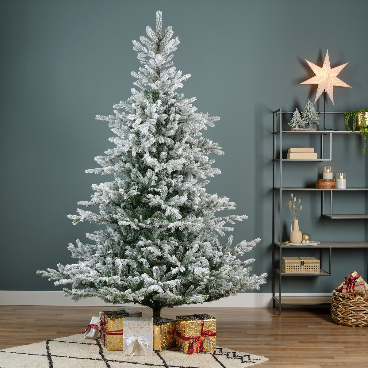 Grandis Fir Snowy Tree - 300cm Flocked Christmas Tree, Metal Stand