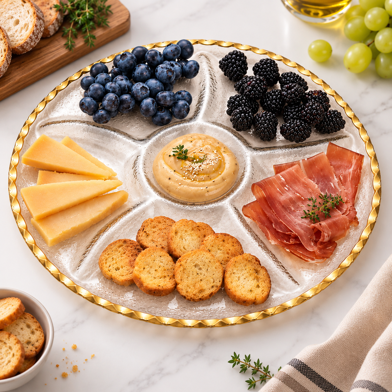 Round Glass Serving Plate with 6 Dividers – 33 cm