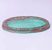 Handmade Oval Serving Plate in Green with Red Pattern