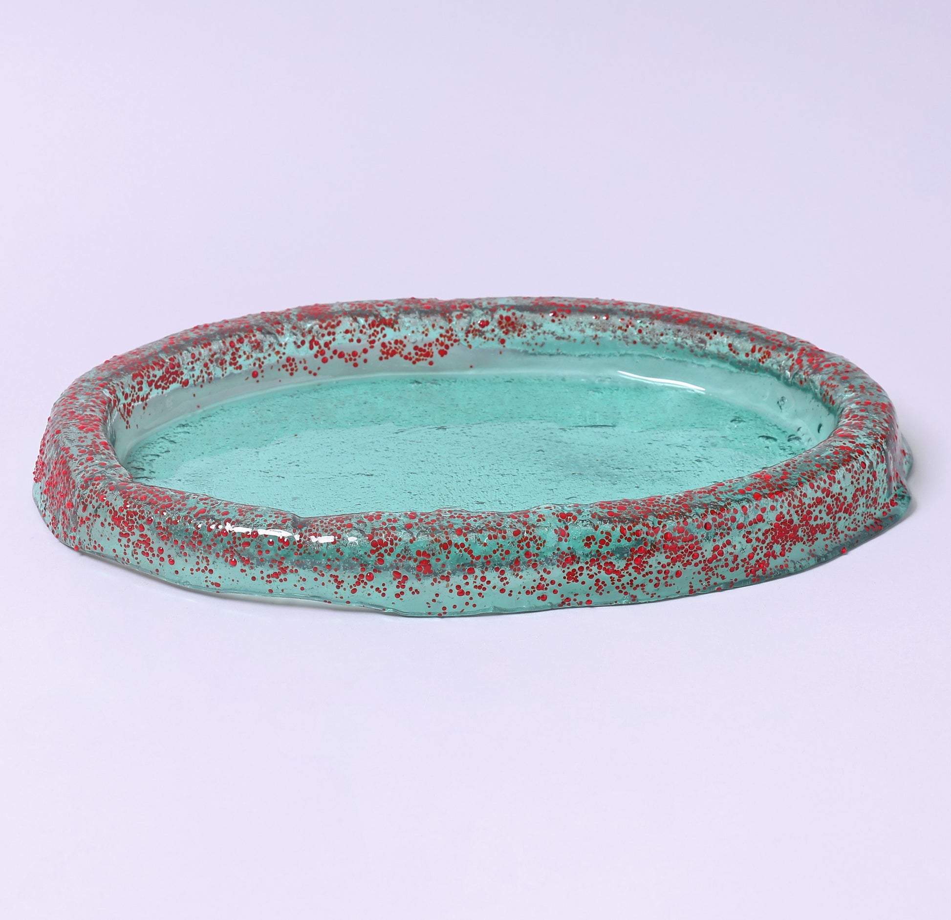 Handmade Oval Serving Plate in Green with Red Pattern