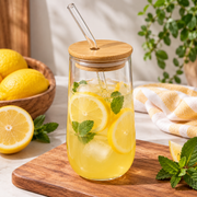 Clear Glass Drinking Cup with Bamboo Lid & Glass Straw – 550 ml