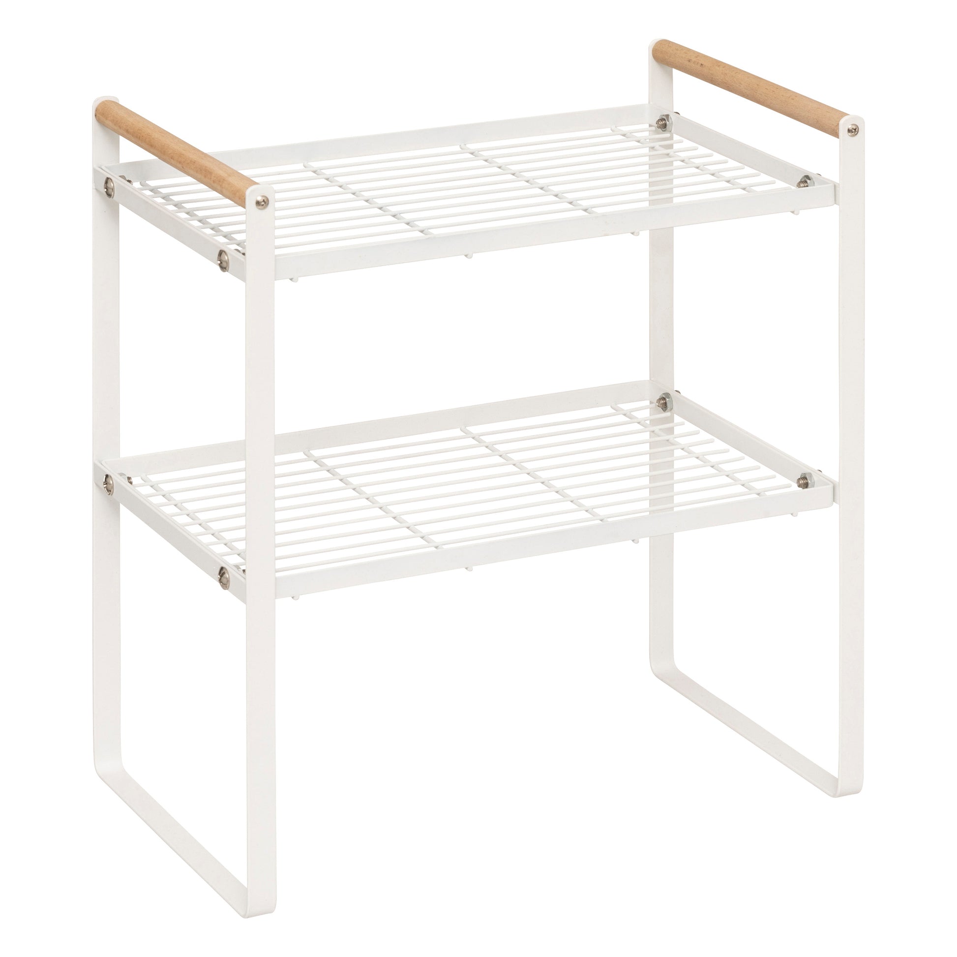 2-Tier Metal Shelf with Pine Handles – Steel Countertop Rack