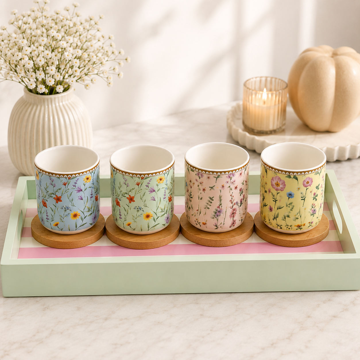 Set of 4 Coffee Cups with Bamboo Saucers – Meadow Flower – Ø6 cm
