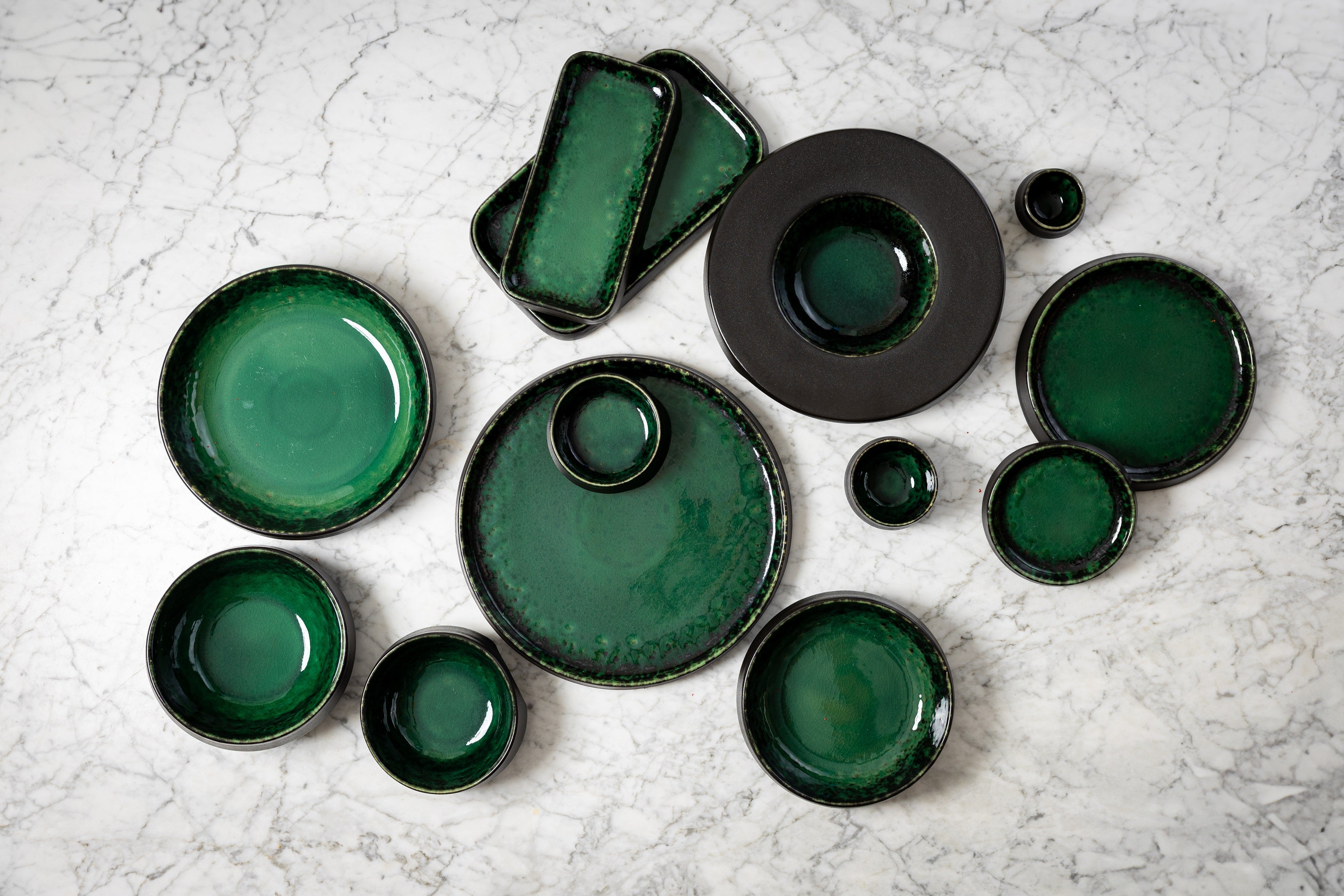 Rectangular Black and Green Reactive Stoneware Serving Board