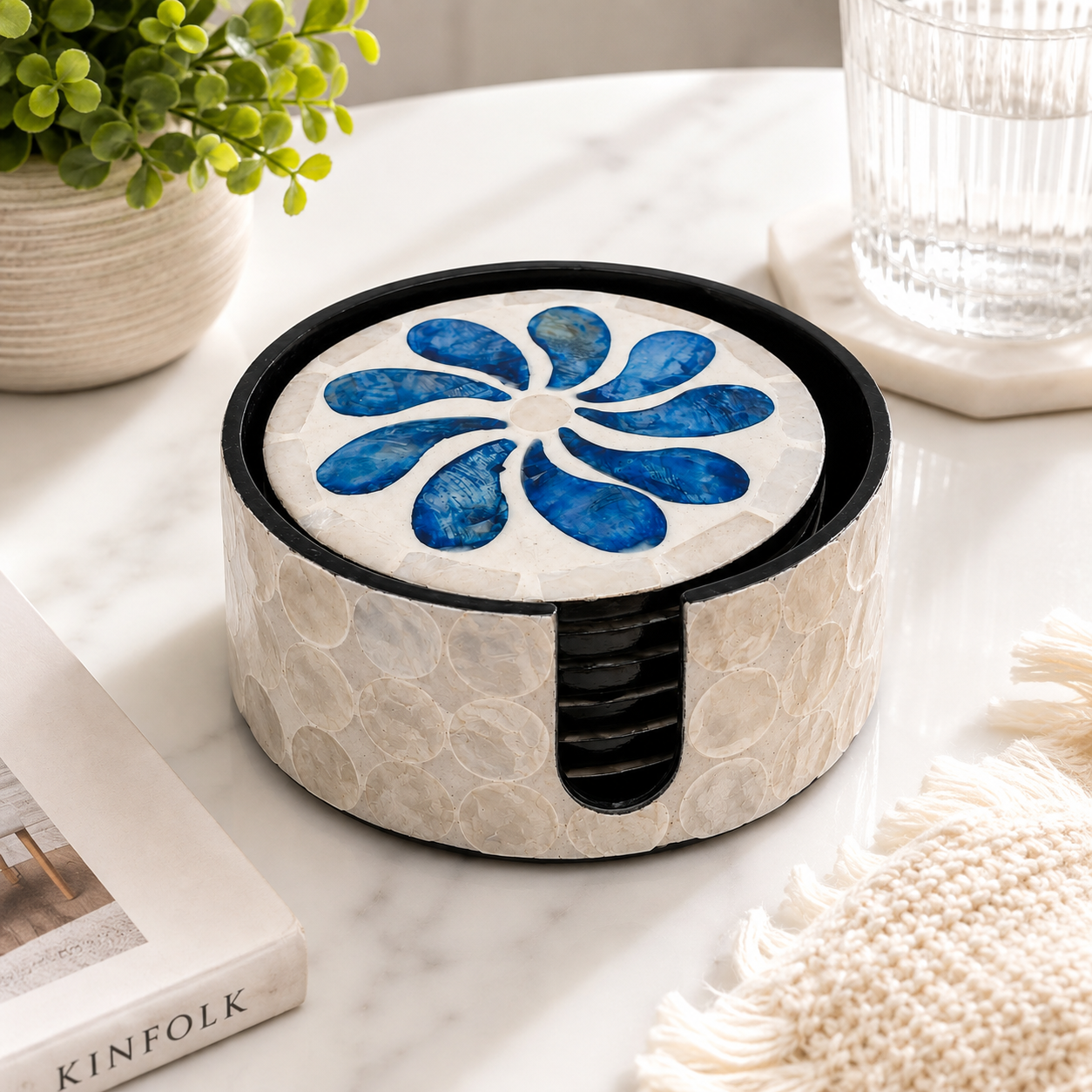 Set of 6 Floral Capiz Coasters with Holder