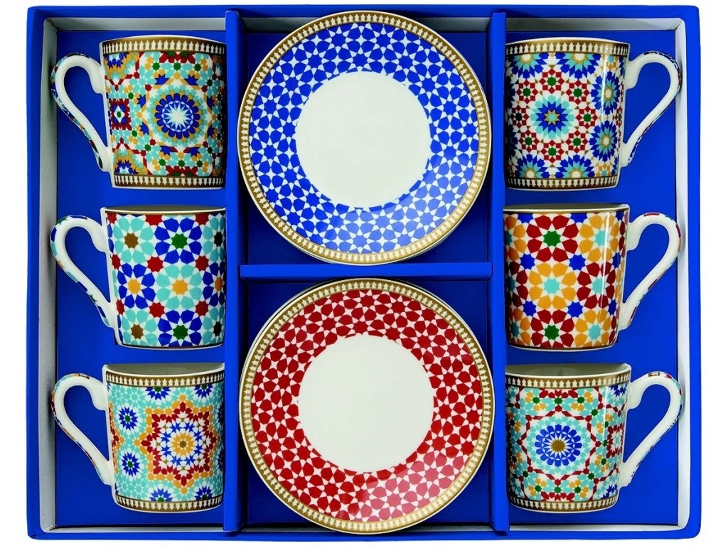 Marrakech Coffee Cup With Saucers 6pcs Porcelain Moorish Pattern Set