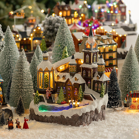 Village Illuminated Church with Moving River - 8 LEDs, Polyresin
