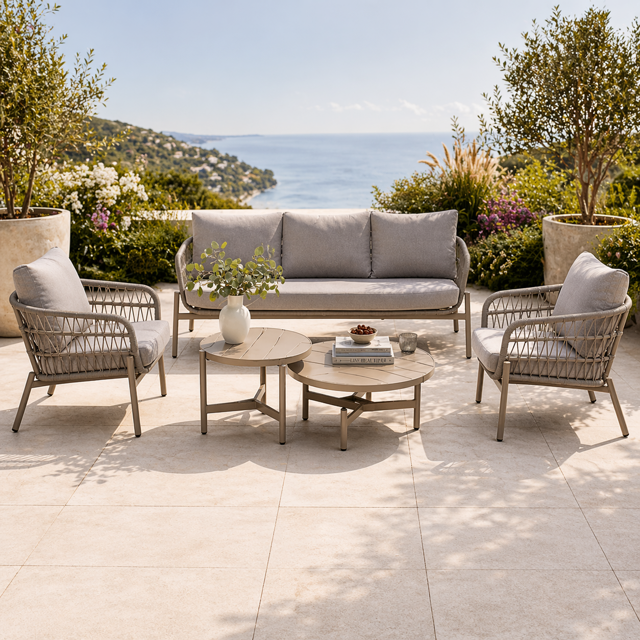 Modern Outdoor Lounge Set with Ceramic Tables