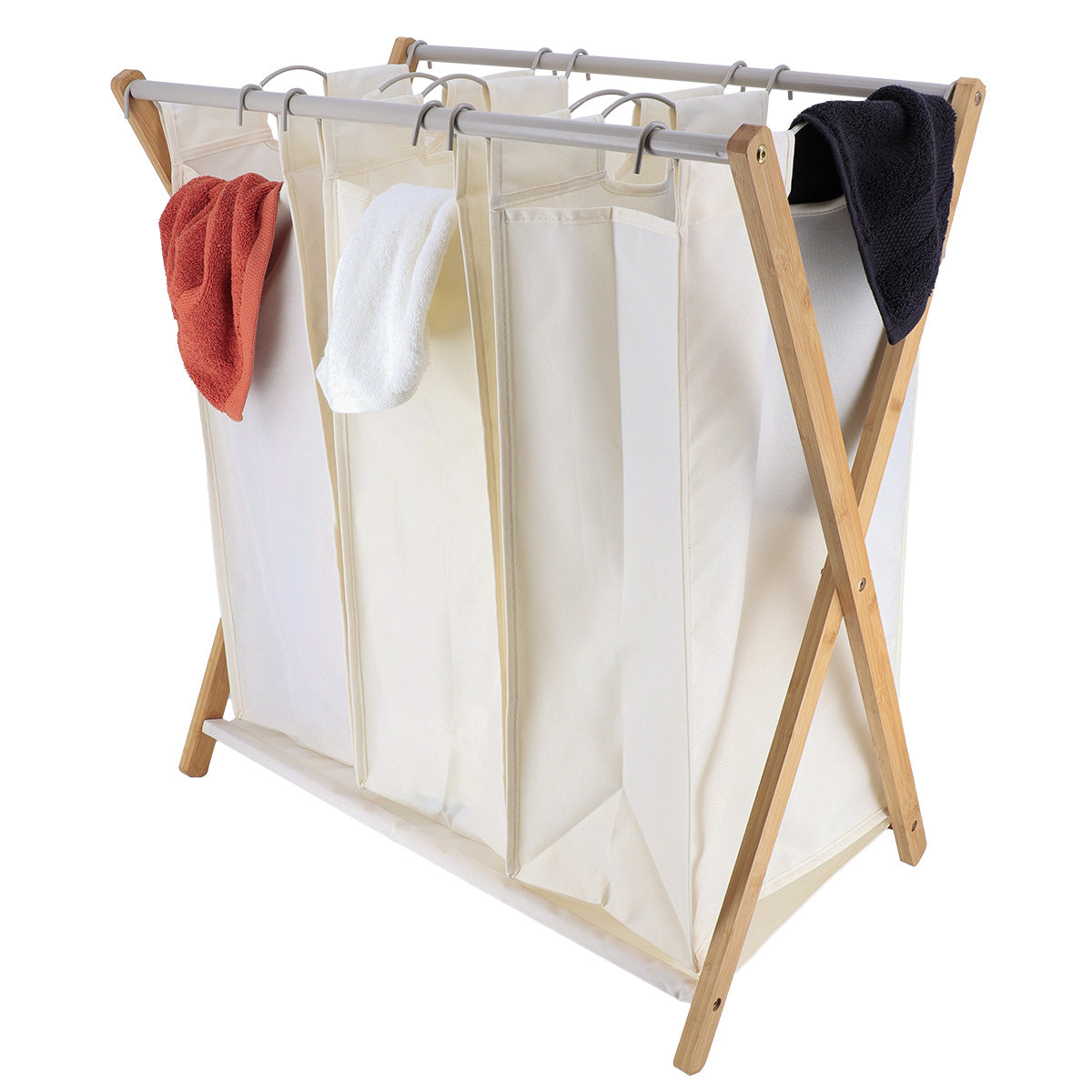 Laundry Basket 3 Compartments Bamboo Frame Removable Bags Organizer