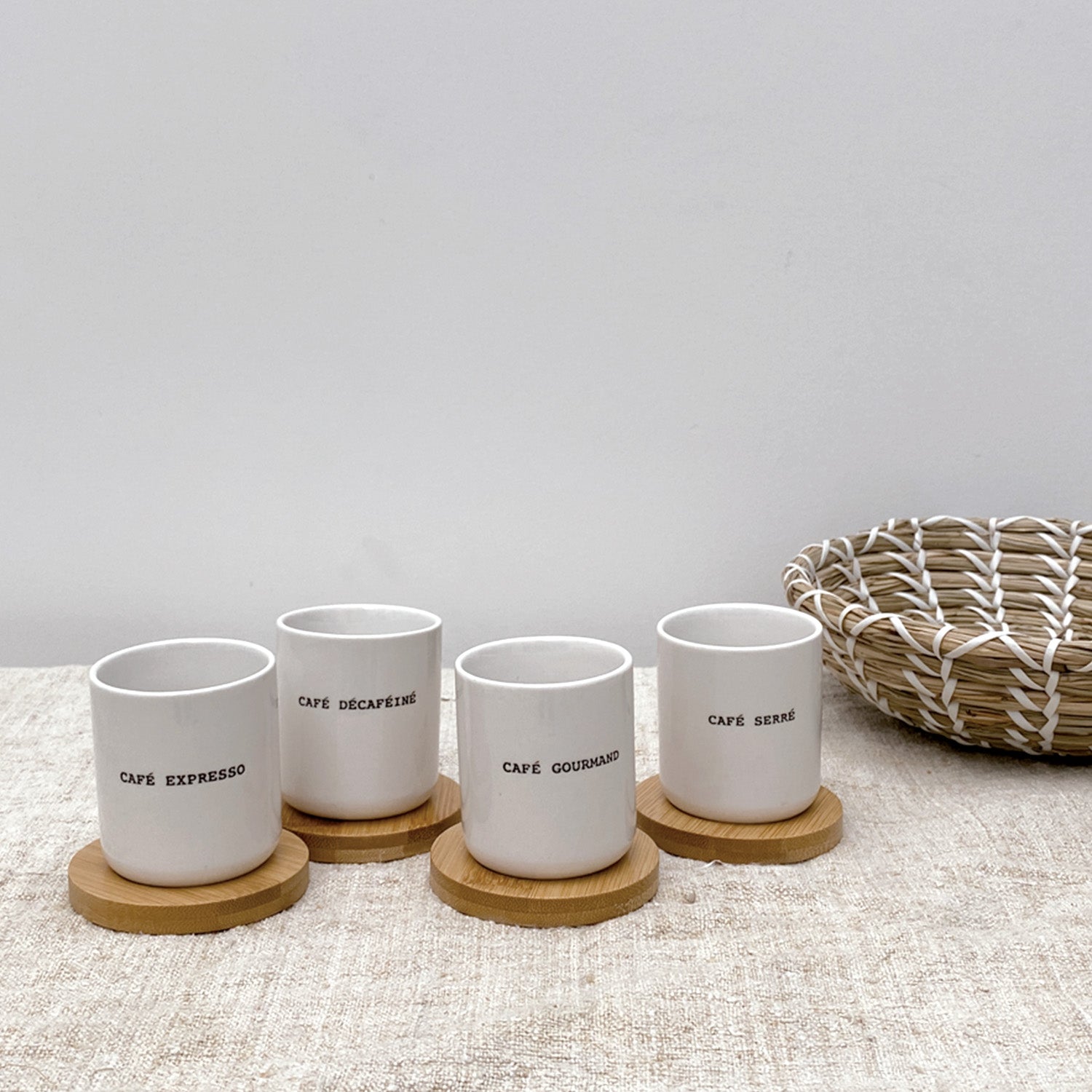 Set of 4 Writing Glasses with Bamboo Saucers, Porcelain Coffee Cups 100ml