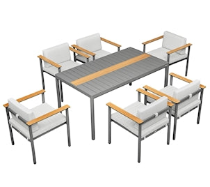 Aluminum Dining Set with Wood Accents, Rectangular Table and 6 Chairs