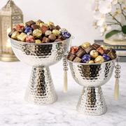 Hammered Metal Pedestal Bowl with Stand, Textured Silver Tassel