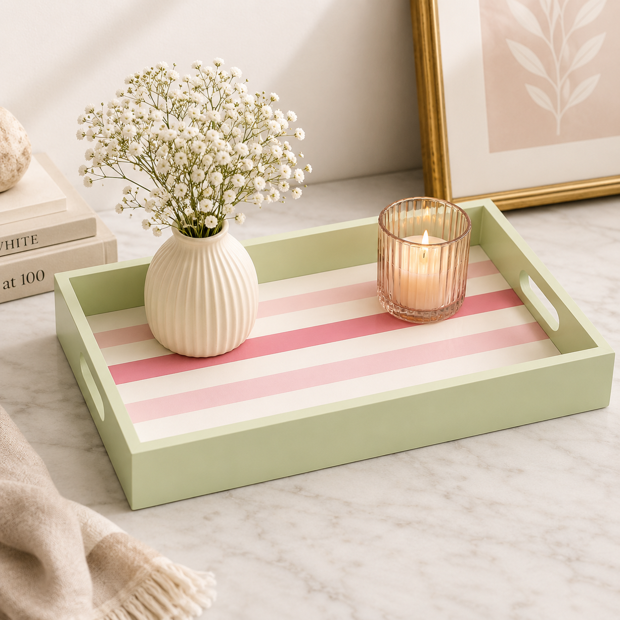 Rectangular Tray – Pink Stripes with Green Border – 38 × 25 cm